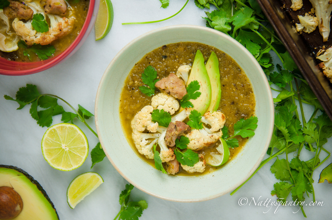 Slow Cooker Pork Tenderloin & Roasted Cauliflower Verde Soup Recipe:nattyspantry.com