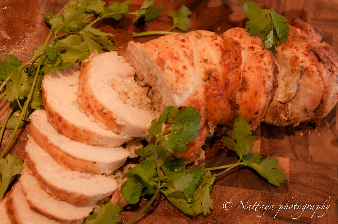 Thai Ginger & Garlic Rice, Shitake Mushroom, Almond And Quinoa Stuffed Turkey Breast Recipe.