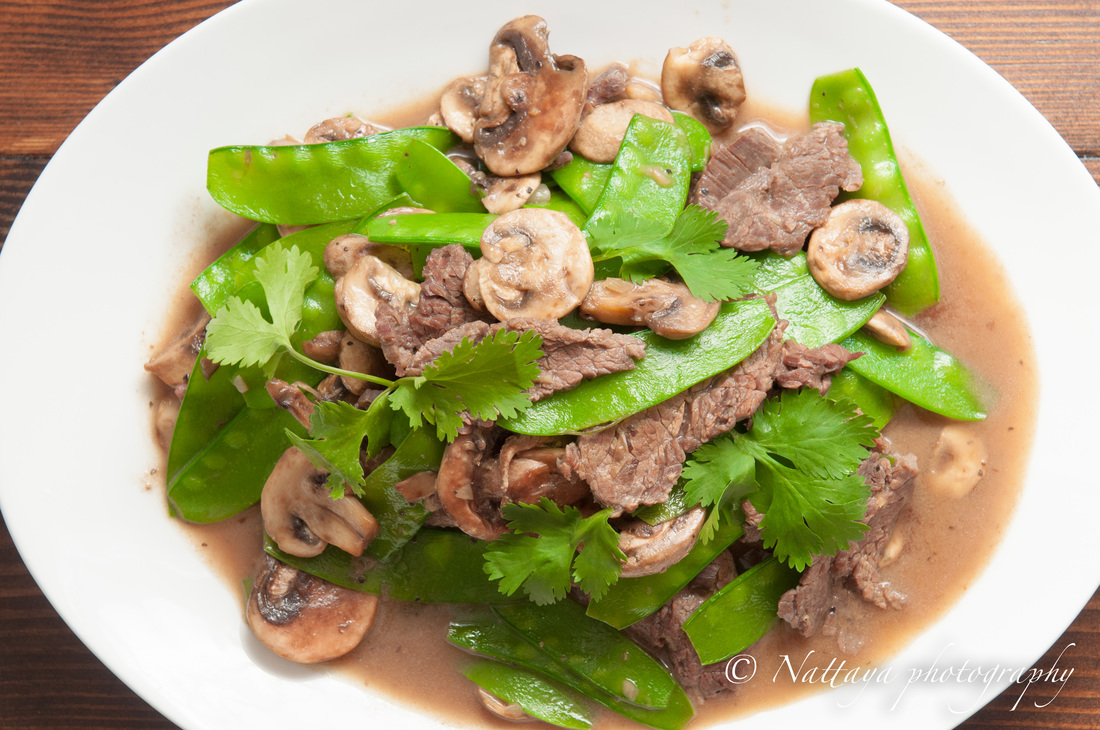 Stir-fried snow peas and mushrooms with Asian marinated flank steak recipe