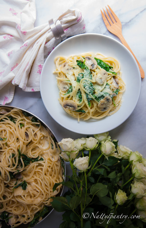Spaghetti With Spinach, Mushroom, Mascarpone and Parmesan Recipe:Nattyspantry.com